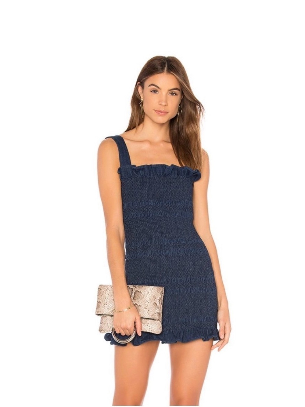 Capulet Revolve Viviane Smocked Denim Blue Mini Dress Sleevless Ruffle Hem Small